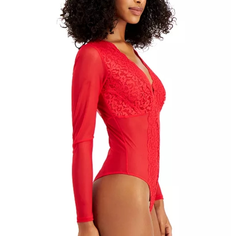 Inc International Concepts Bodysuit Women M Red Lace Mesh‎ Long Sleeve V Neck
